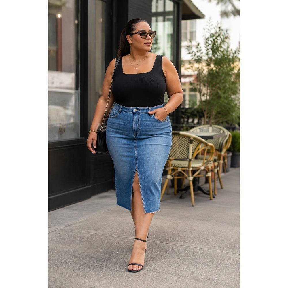 Torrid Denim Midi Pencil Skirt Size 24 Front Slit Raw Hem Y2K Plus Size